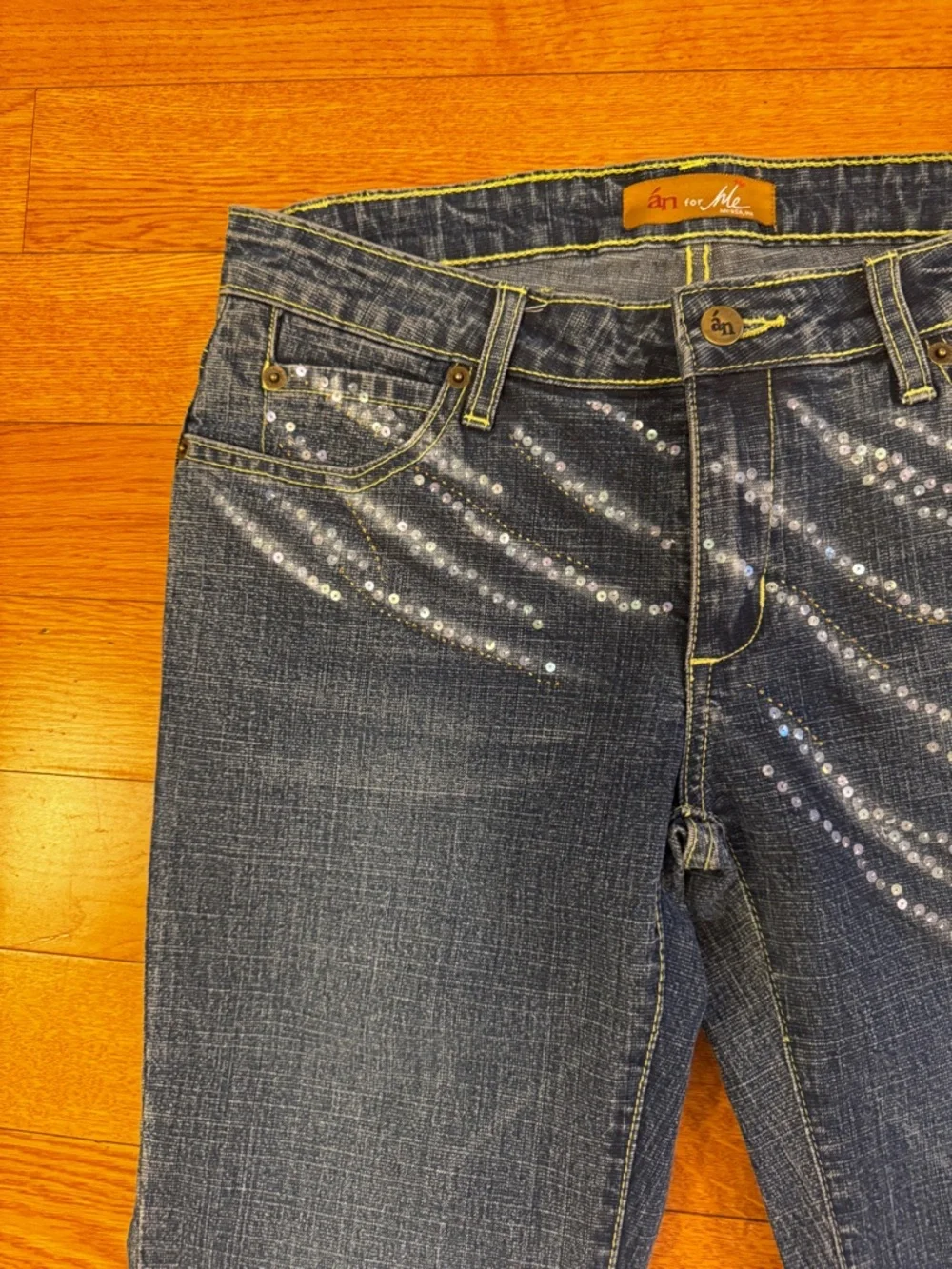 Embellished-Chic-One of a Kind Dark Blue Wide Leg Jeans with Artistic 3D Detail - Picture 3 of 10